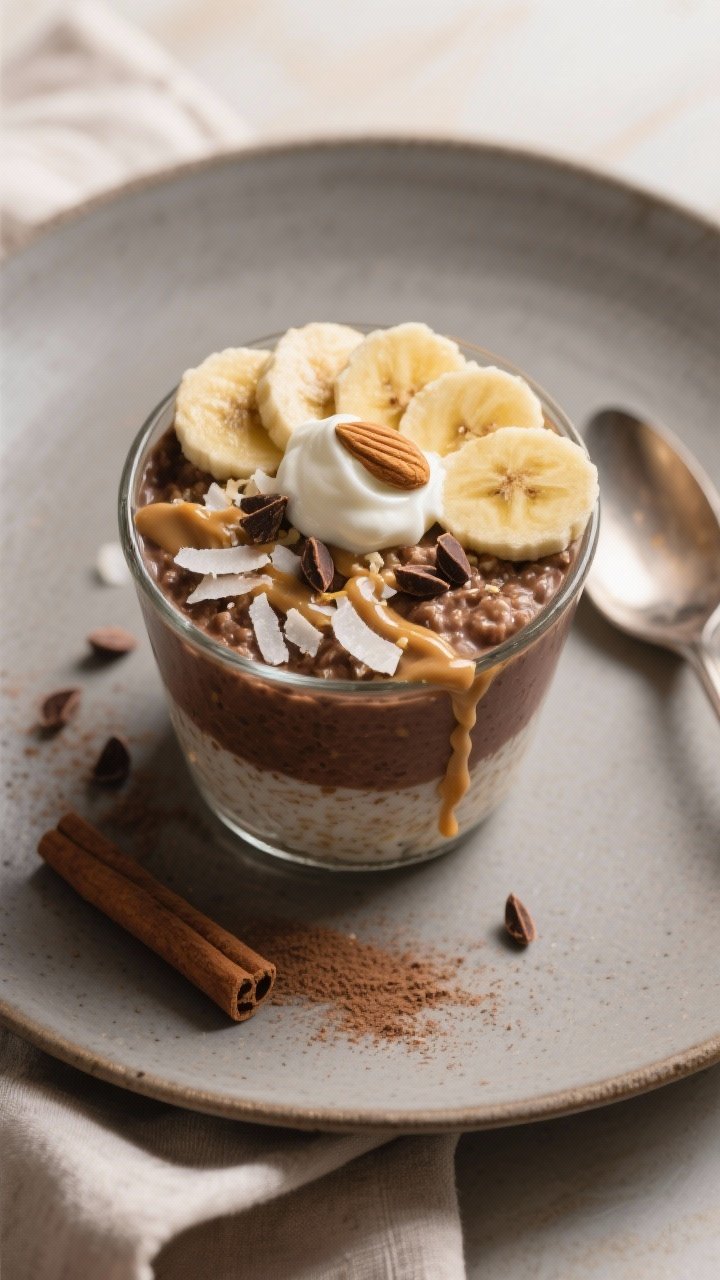 Final dish presentation: Restaurant-quality plated serving of the finished overnight oats in a short