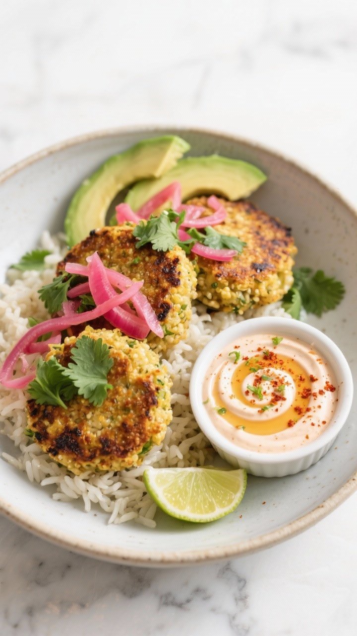 Final dish presentation: Restaurant-quality plated bowl featuring three quinoa-bean cakes nestled ov