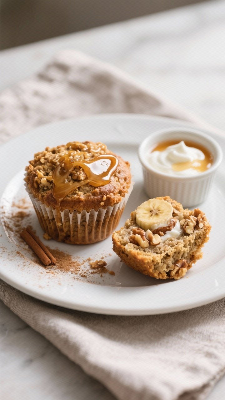 Final dish presentation: Restaurant-quality plating of two High Fiber Banana Bran Muffins on a matte