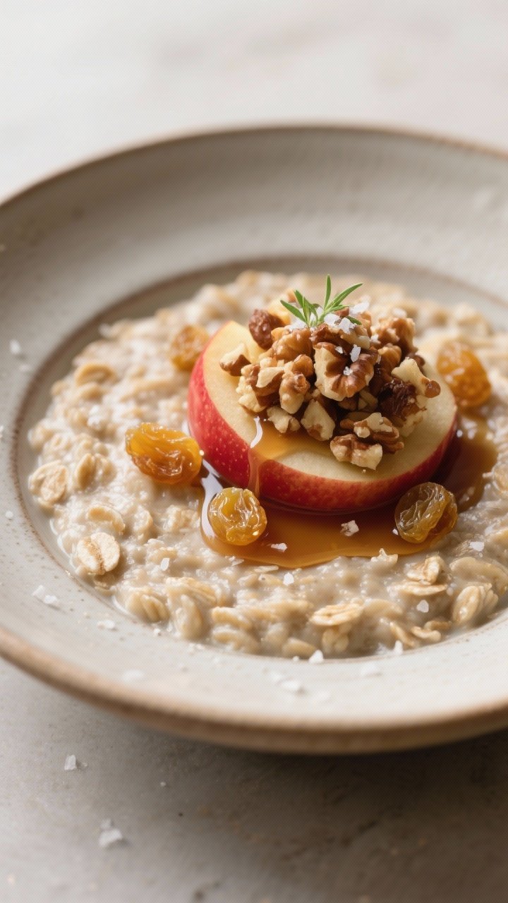 Final dish presentation: Restaurant-quality plating of High Fiber Apple Pie Overnight Oats served in