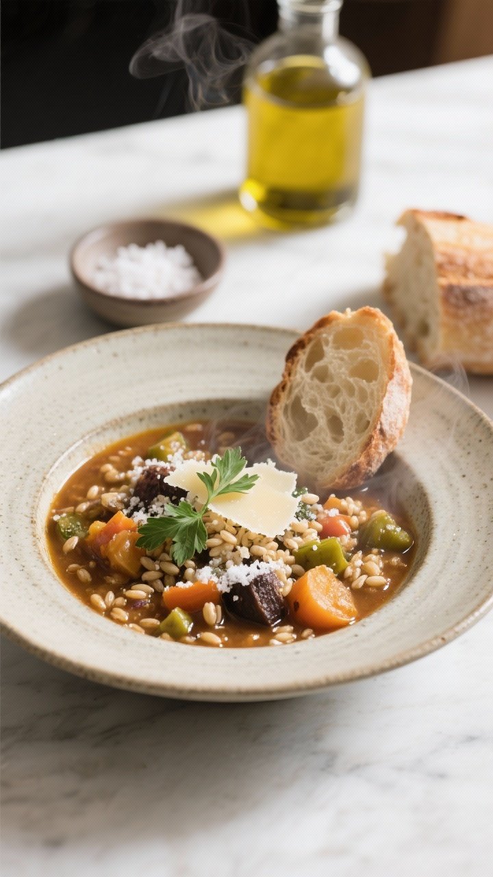 Final dish presentation: Restaurant-quality plating of Winter Vegetable Barley Stew in a shallow sto