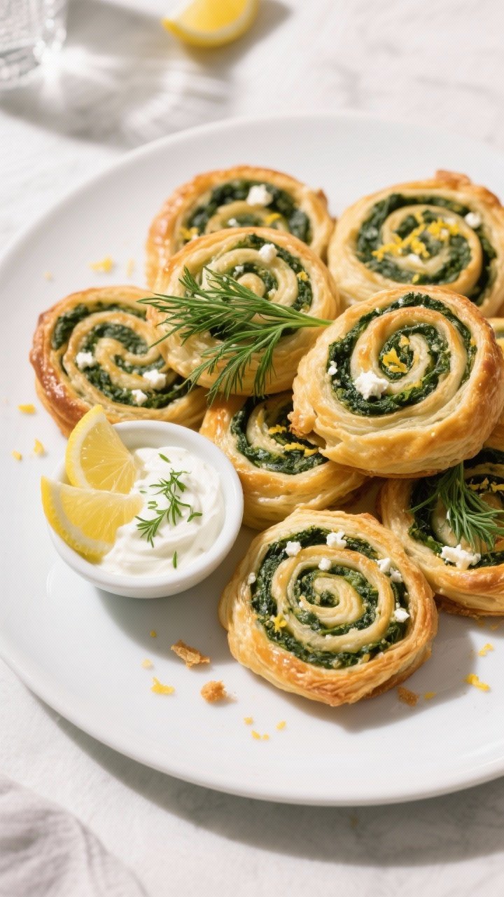 Final dish presentation: Restaurant-quality platter of Spinach & Feta Puff Pastry Spirals, piled cas