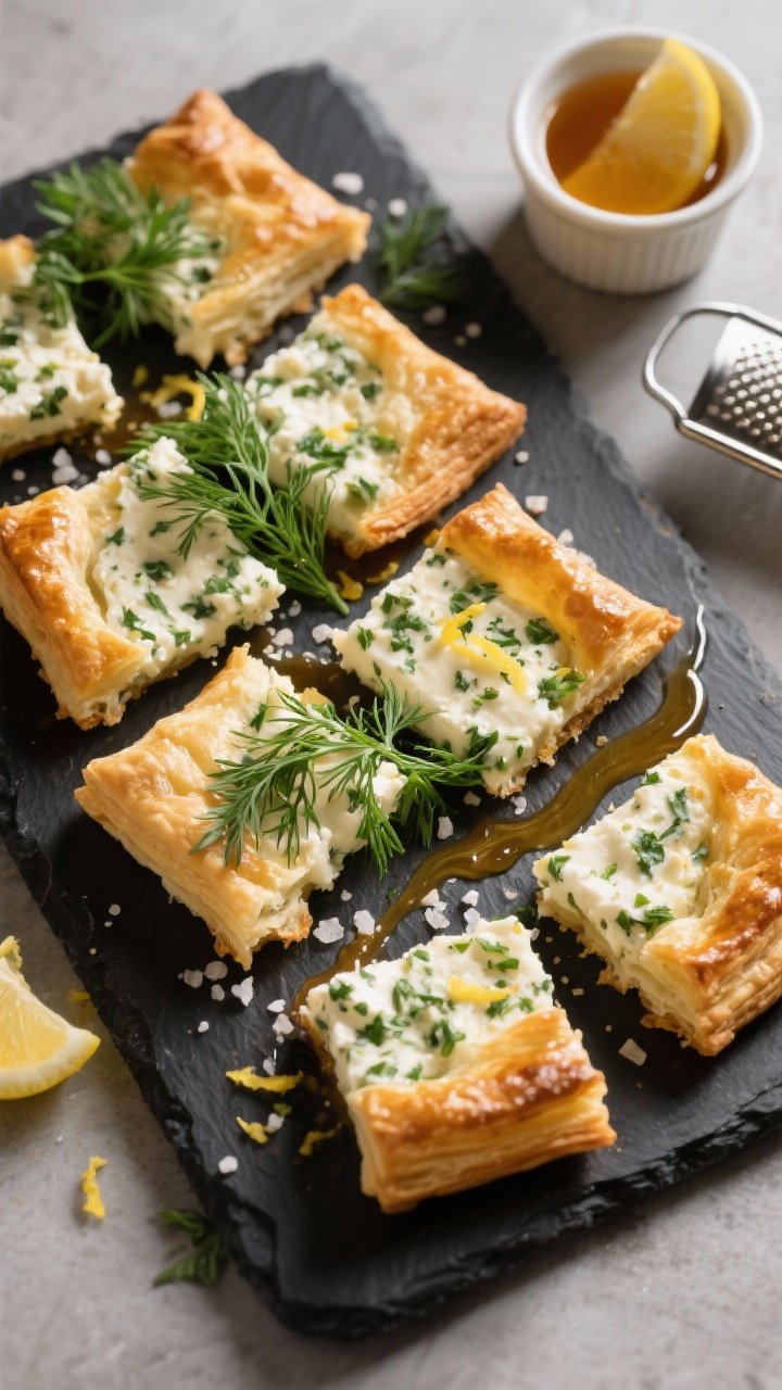 Final dish presentation: Restaurant-quality platter of Crispy Feta & Herb Puff Pastry Squares arrang