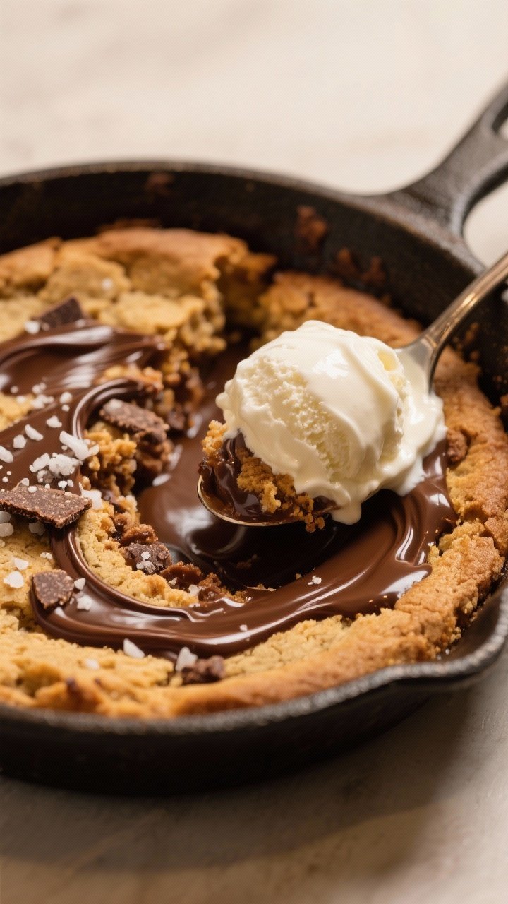 Final dish presentation — warm skillet cookie served with a cold dollop: close-up detail of a spoo