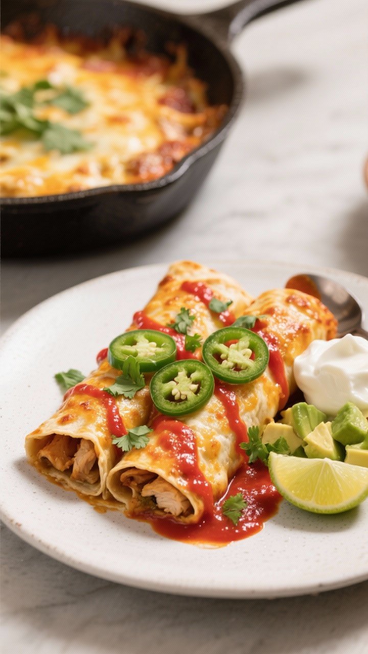 Final dish, tasty top view: Overhead shot of baked chicken enchiladas with lightly bubbly, golden-sp