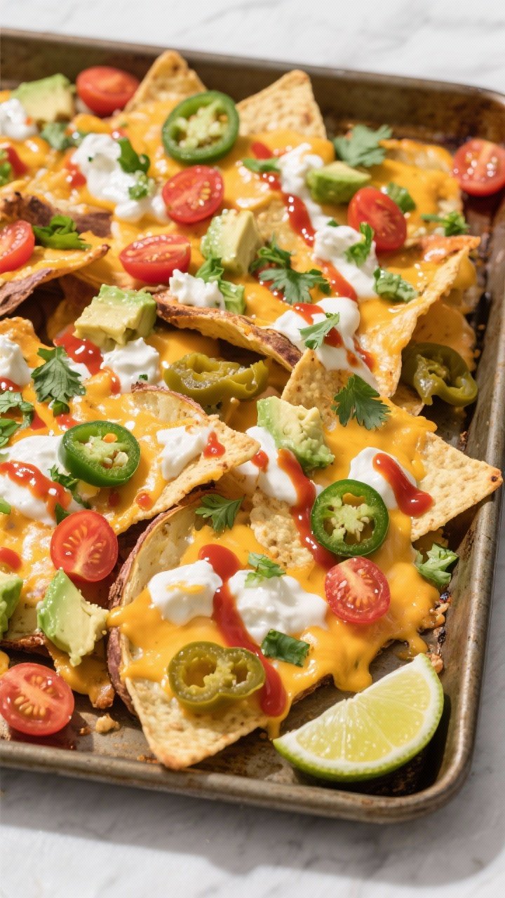 Final dish, tasty top view: Overhead shot of the finished Veggie-Loaded Baked Potato Nachos on a sin