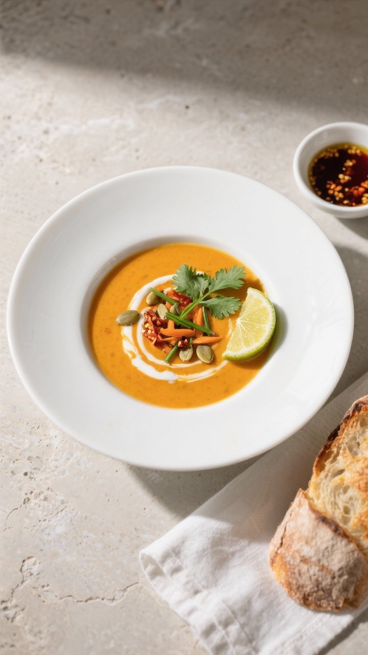 Final dish, top view — Plated Roasted Carrot & Ginger Soup: overhead shot of a wide, shallow white