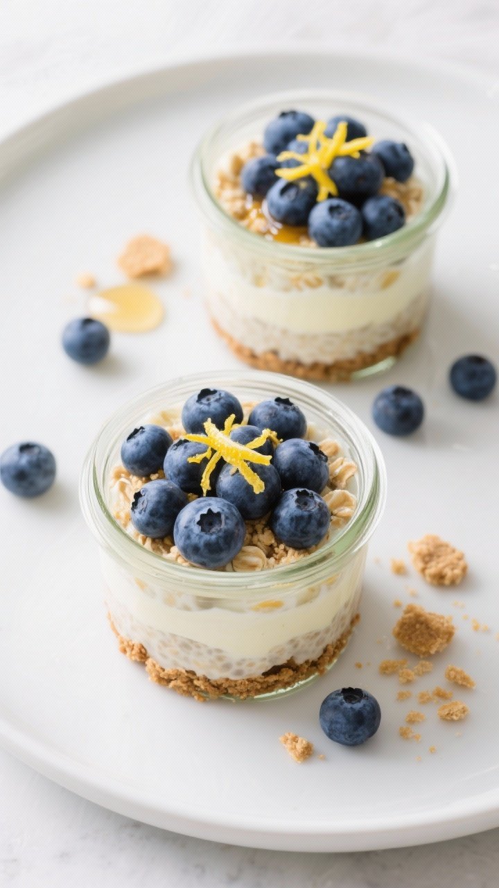 Final dish top view: Two parfait-style jars of blueberry lemon cheesecake overnight oats neatly laye