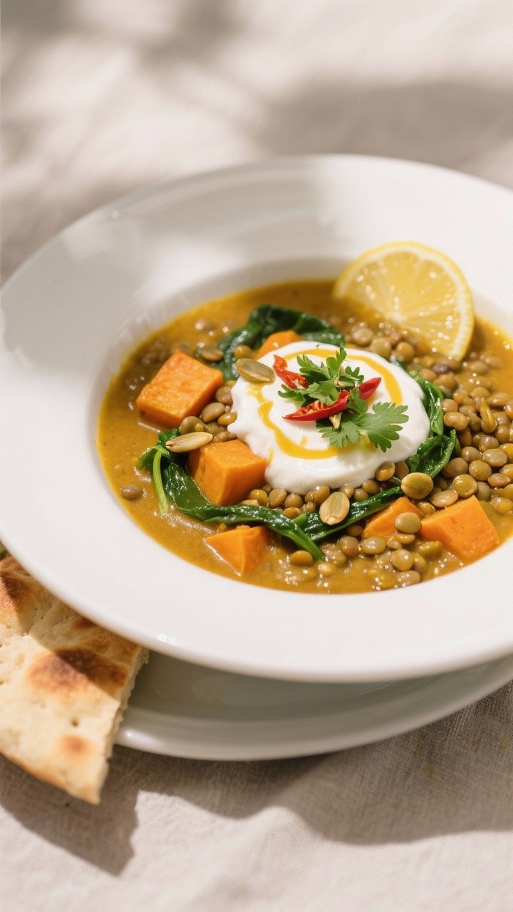 Final plated beauty shot: Golden Turmeric Lentil & Sweet Potato Stew ladled into a wide, low white b