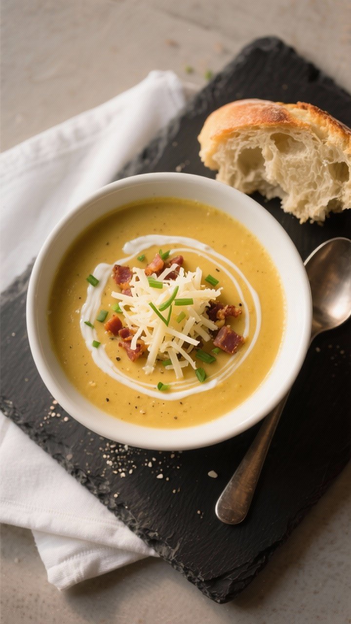 Final plated bowl: A restaurant-quality presentation of Creamy Yukon Gold & White Cheddar Winter Sou