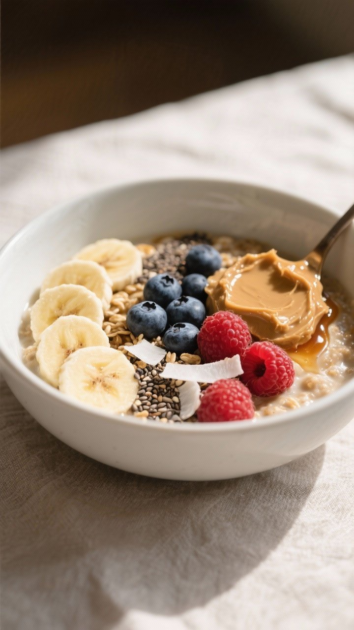 Final plated bowl, hero shot: A beautifully plated Multigrain Breakfast Bowl in a matte white cerami