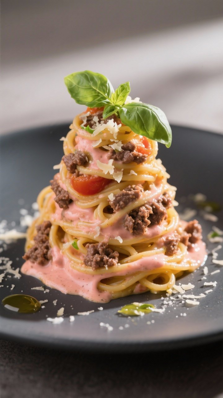 Final plated, close-up detail: Beautifully plated ground beef pasta twirled into a tall, silky mound