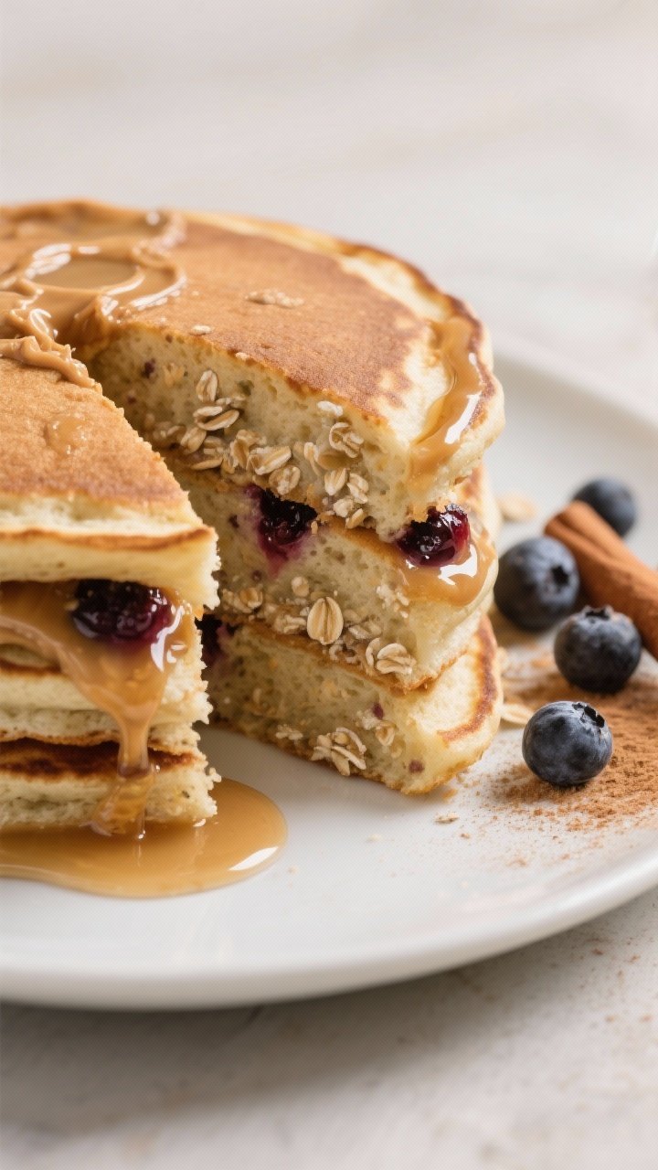 Final plated, close-up texture focus: Tight macro of a cut wedge of pancake stack showing the fluffy