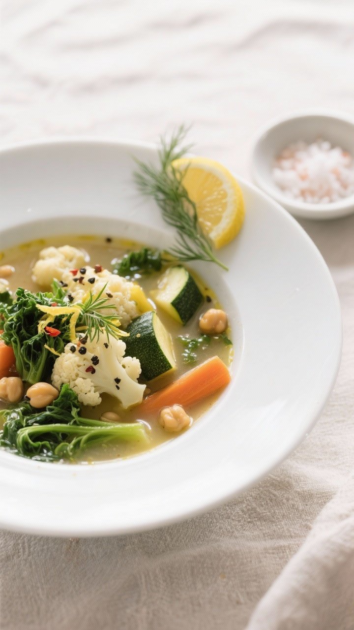 Final plated dish — Bright lemon-herb finish: Restaurant-quality bowl of Winter Detox Vegetable So