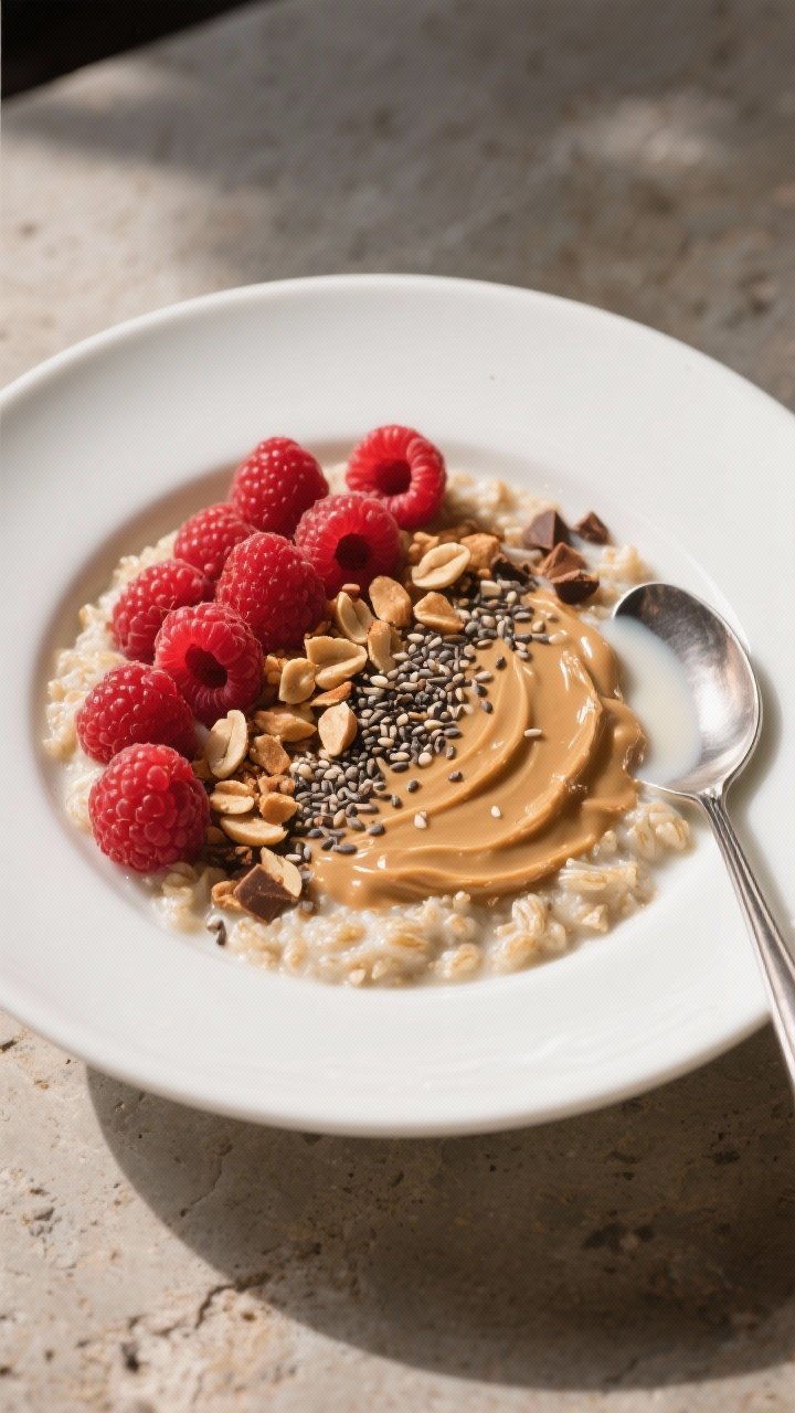 Final plated dish: Restaurant-quality presentation of “Oatmeal with Peanut Butter, Chia Seeds, and