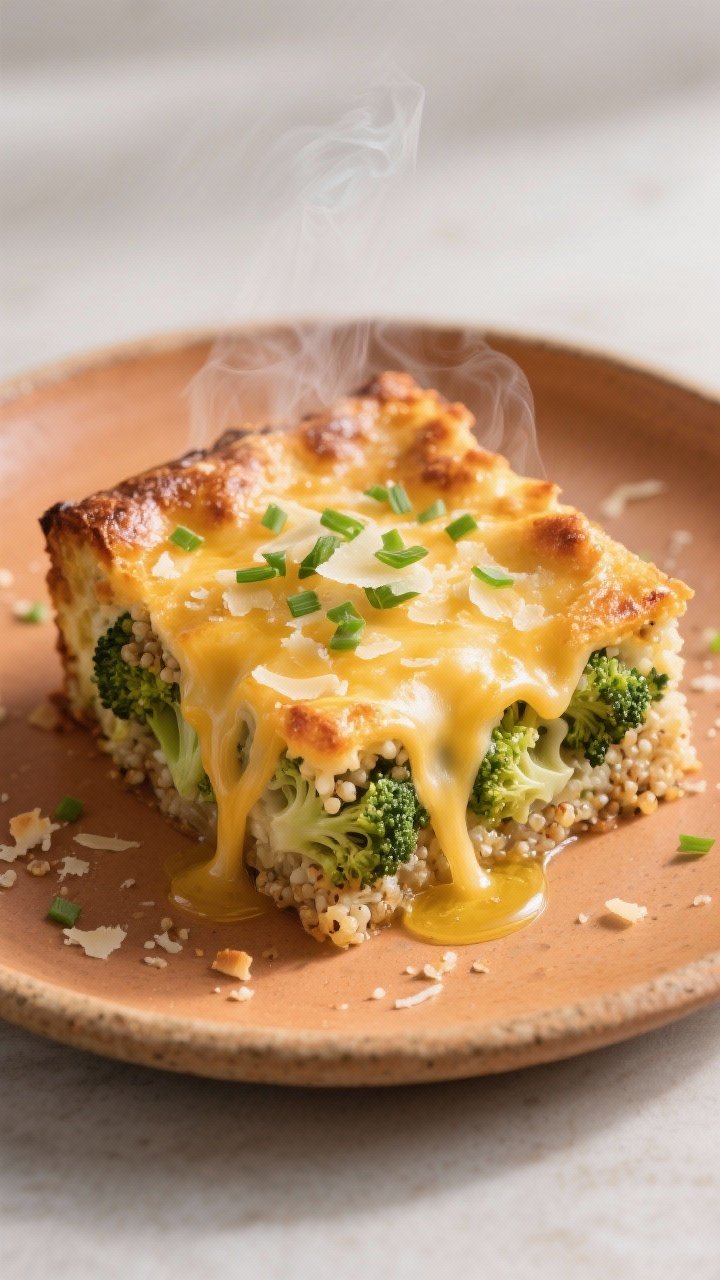 Final plated dish: Restaurant-quality presentation of a generous square of Cheesy Quinoa Broccoli Ba