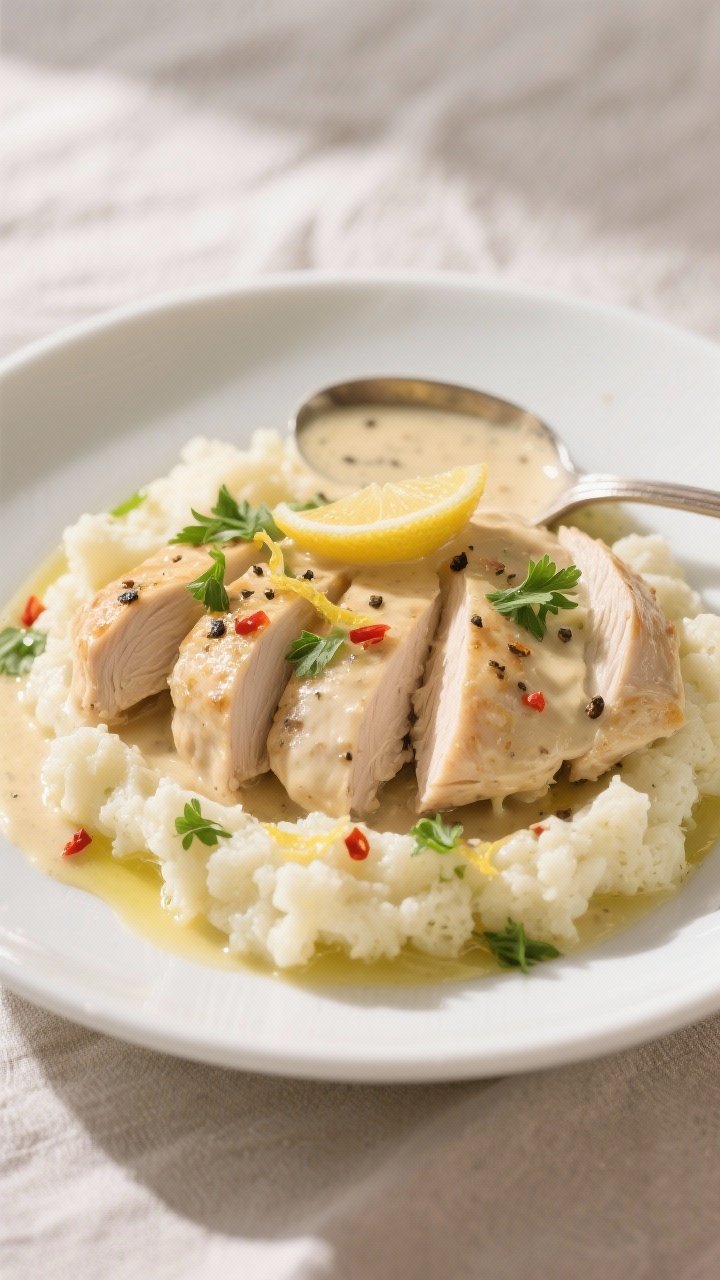 Final plated dish: Restaurant-quality presentation of creamy garlic chicken sliced and fanned on a w