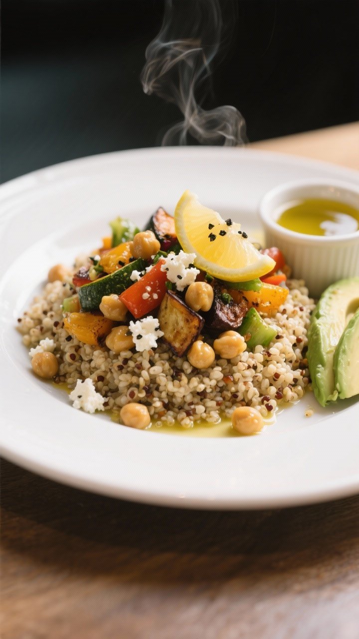 Final plated dish: Restaurant-quality presentation of the quinoa power bowl served warm, mounded hig