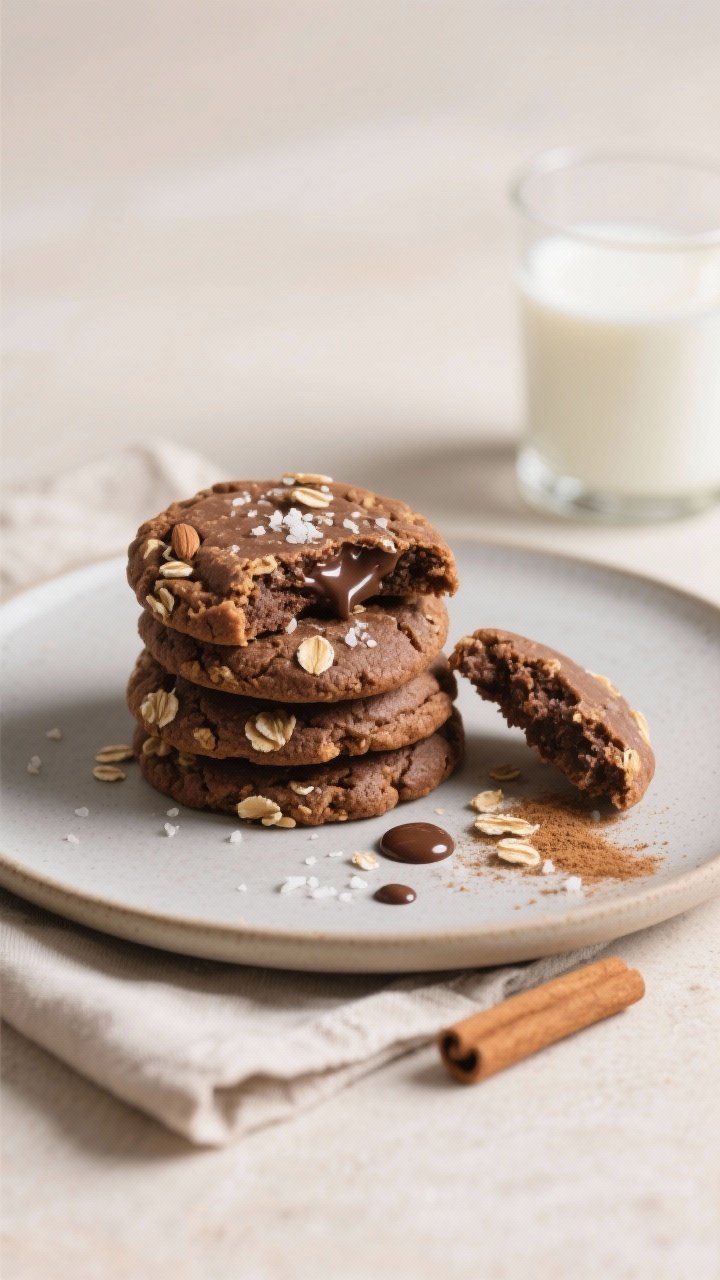 Final plated dish: Restaurant-quality presentation of a small stack of finished chocolate almond but