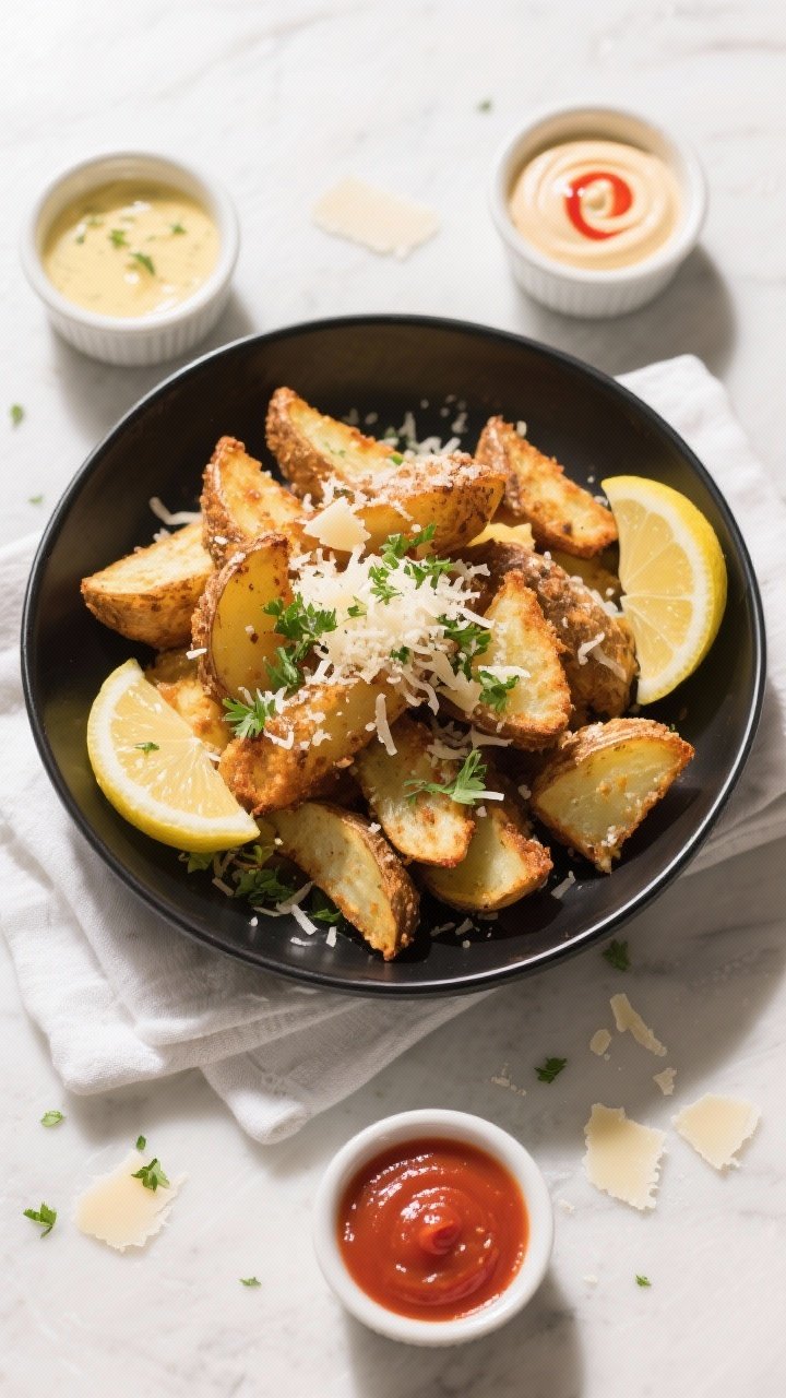 Final plated dish: Restaurant-quality presentation of Crispy Garlic Parmesan Potato Wedges Bites pil