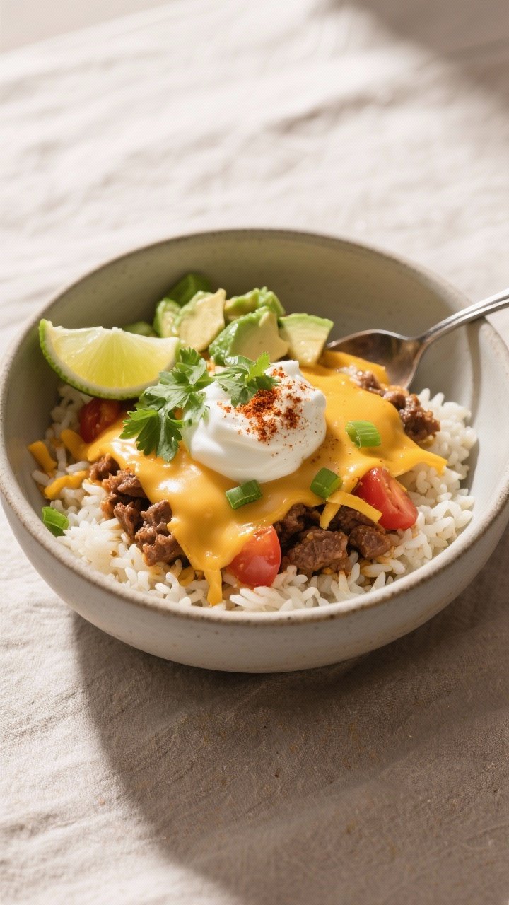 Final plated dish, restaurant-quality presentation: Bowl of cheesy taco rice scooped from the skille