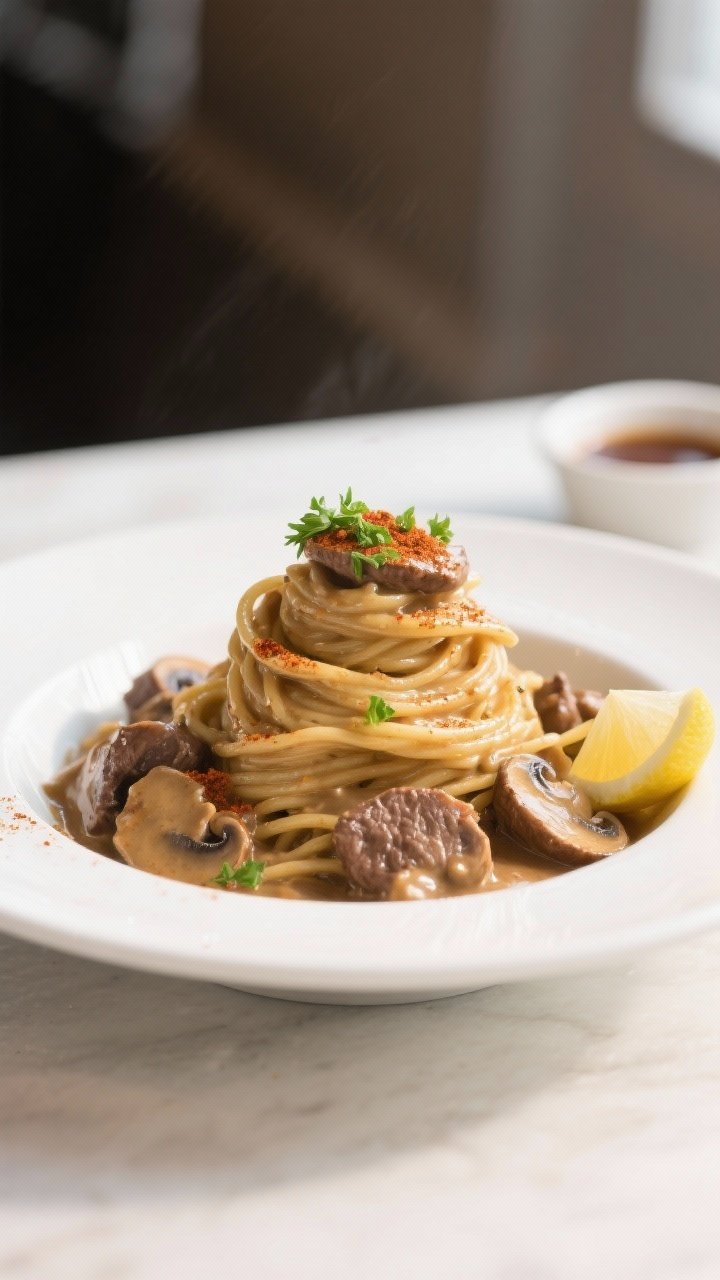 Final plated dish: Restaurant-quality presentation of beef stroganoff twirled into a shallow white b