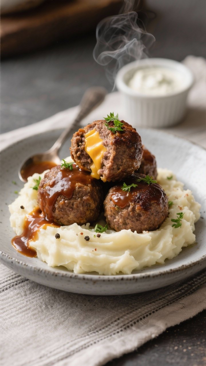 Final plated hero: Restaurant-quality presentation of three beef and cheddar stuffed meatballs stack