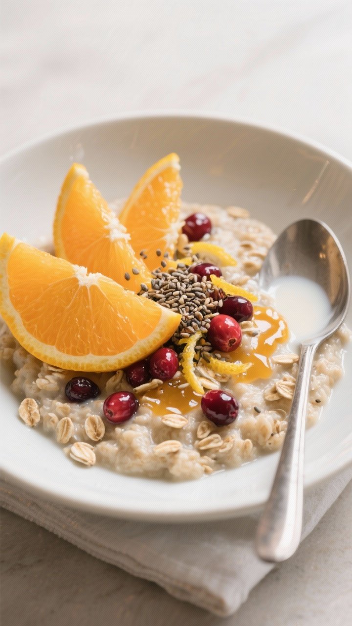 Final plated hero: Restaurant-quality presentation of Cranberry Orange Oatmeal in a wide, shallow bo