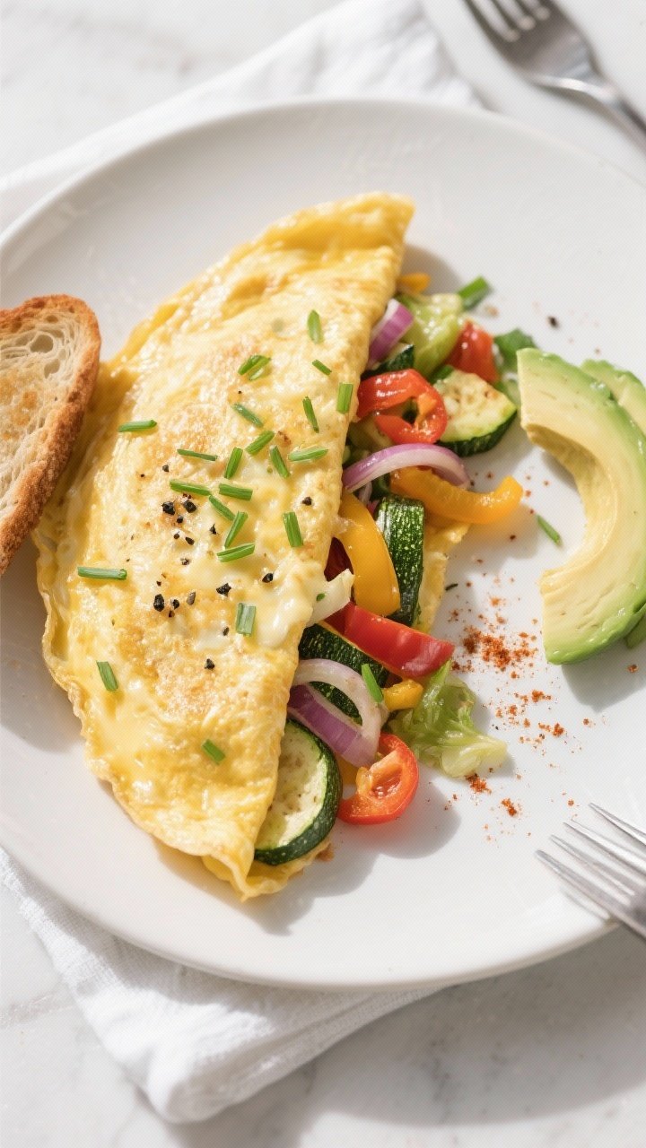 Final plated, overhead beauty: Loaded veggie garden omelette folded and served on a matte white plat