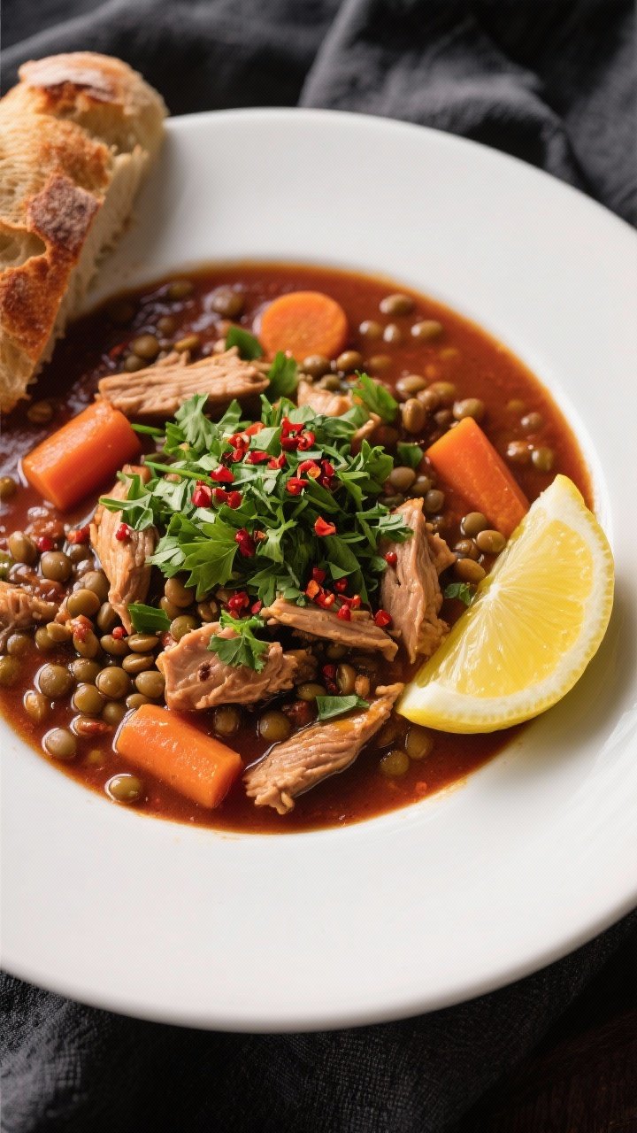Final plated overhead shot: Restaurant-quality bowl of Turkey, Lentil & Carrot High-Protein Stew, ga