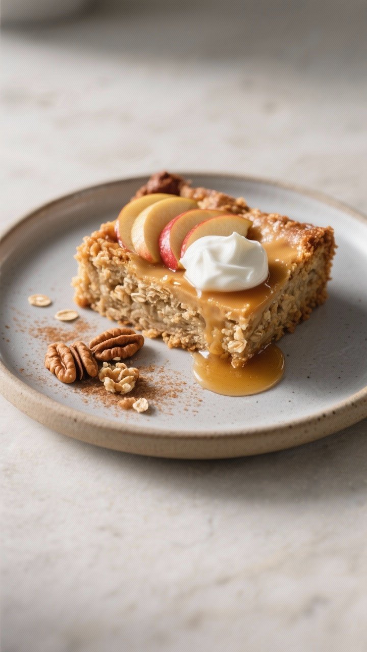 Final plated presentation: a generous square of warm apple cinnamon oat bake served on a matte ceram