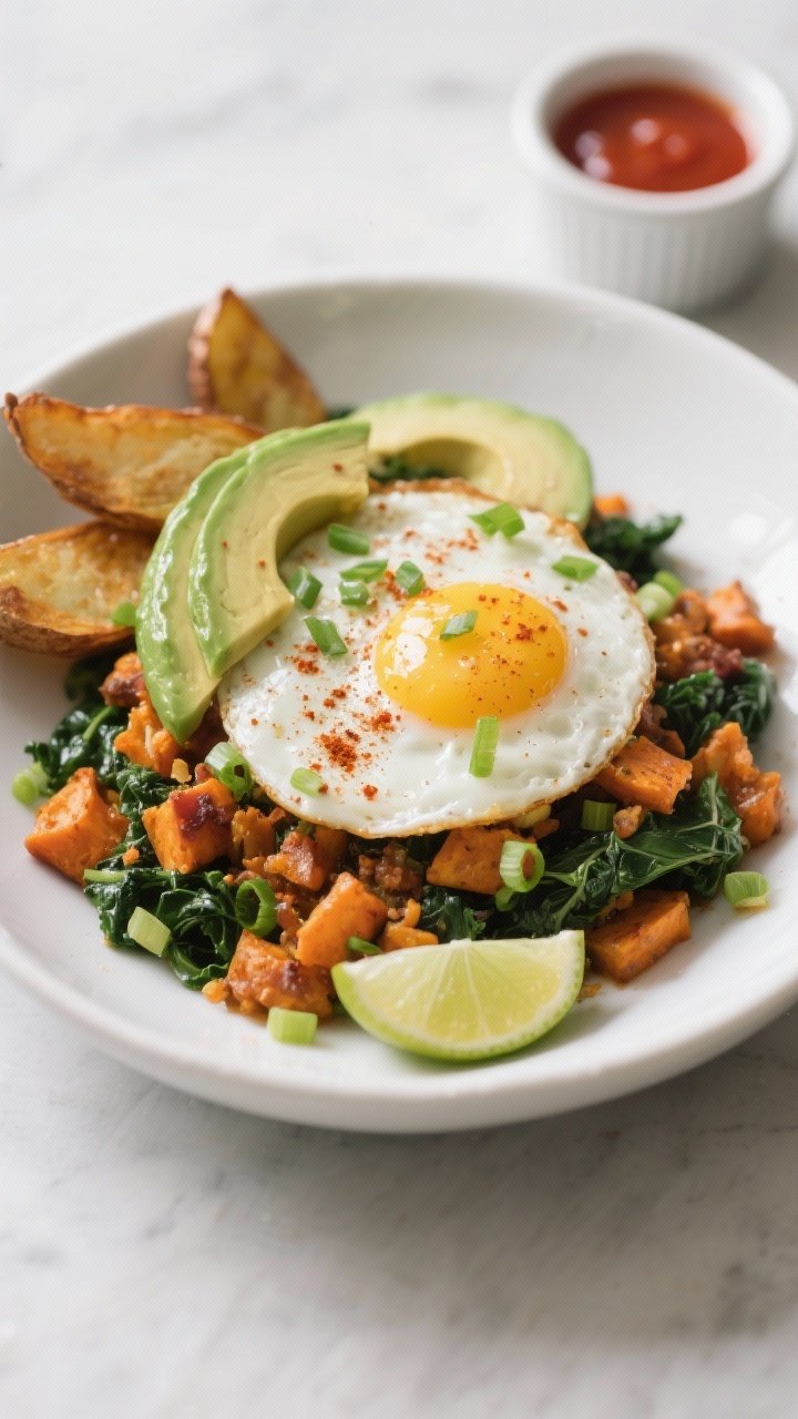 Final plated presentation: A shallow white ceramic bowl with a generous scoop of sweet potato and ka