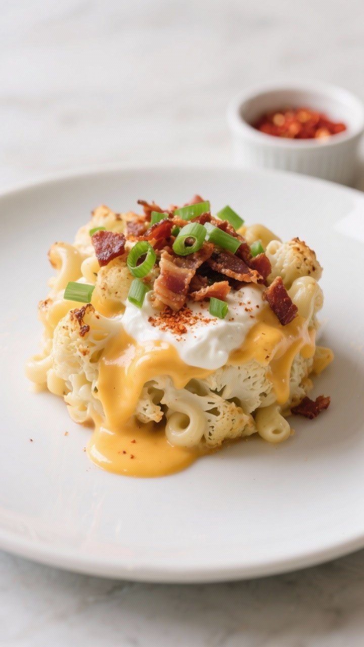 Final plated presentation: A single hearty portion of the keto Loaded Cauliflower Mac & Cheese on a 