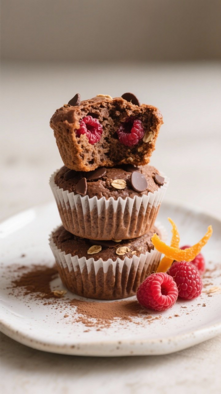 Final plated presentation: A small stack of 4 mini chocolate-raspberry oat bran muffins on a white s