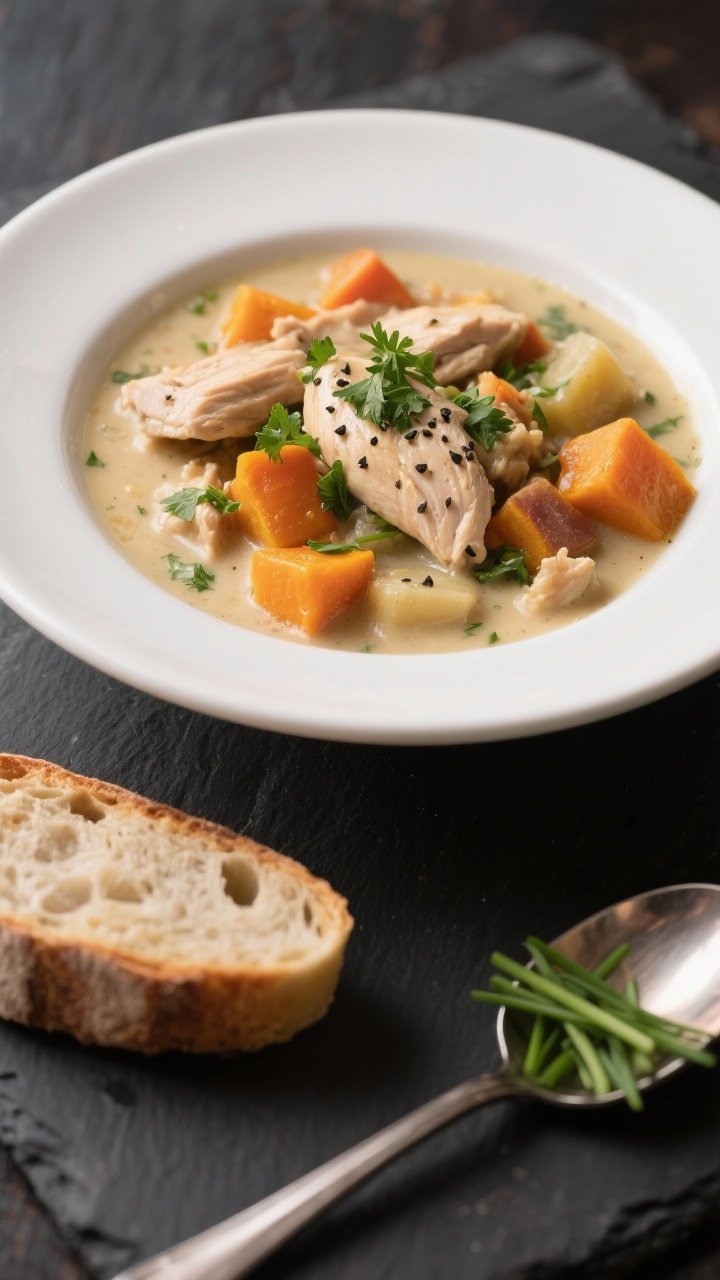 Final plated presentation: Beautifully plated bowl of Creamy Chicken & Herb Winter Vegetable Stew, t