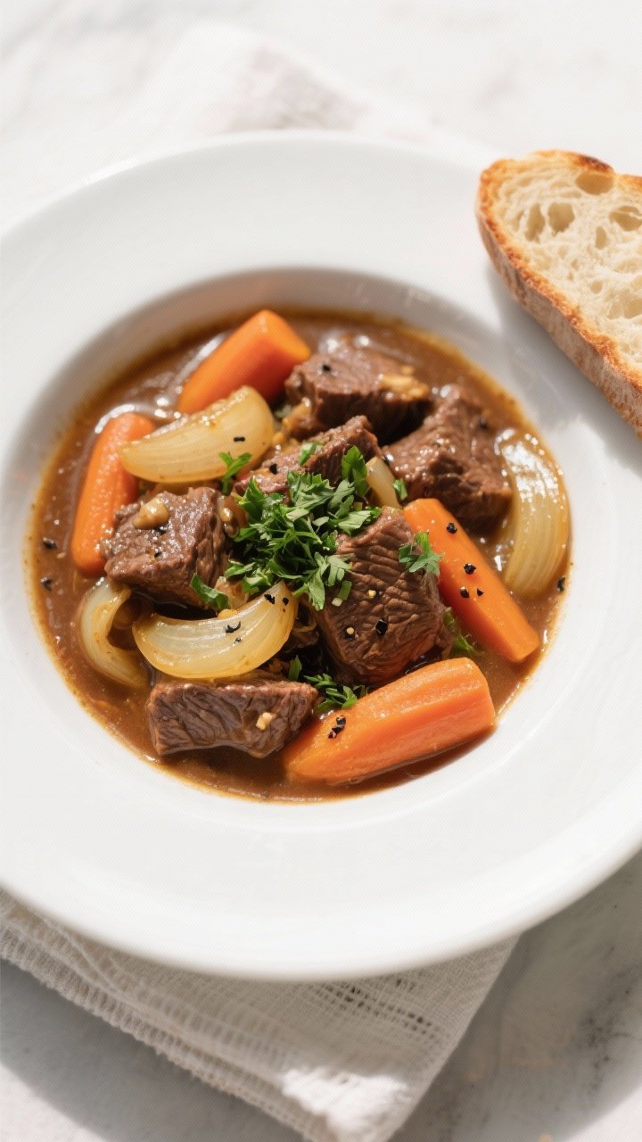 Final plated presentation: Restaurant-quality bowl of Beef & Sweet Onion Hearth Stew, overhead top v