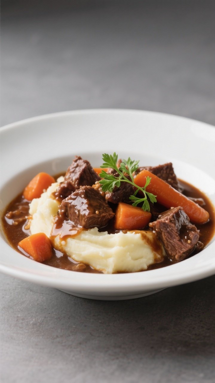 Final plated presentation: Restaurant-quality bowl of Red Wine Beef, Carrot & Thyme Comfort Stew lad