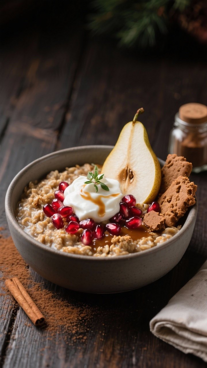 Final plated presentation: Restaurant-quality bowl of Gingerbread Cookie Overnight Oats topped with 