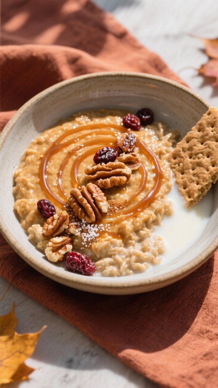 Final plated presentation: Restaurant-quality overhead shot of pumpkin pie overnight oats served in 