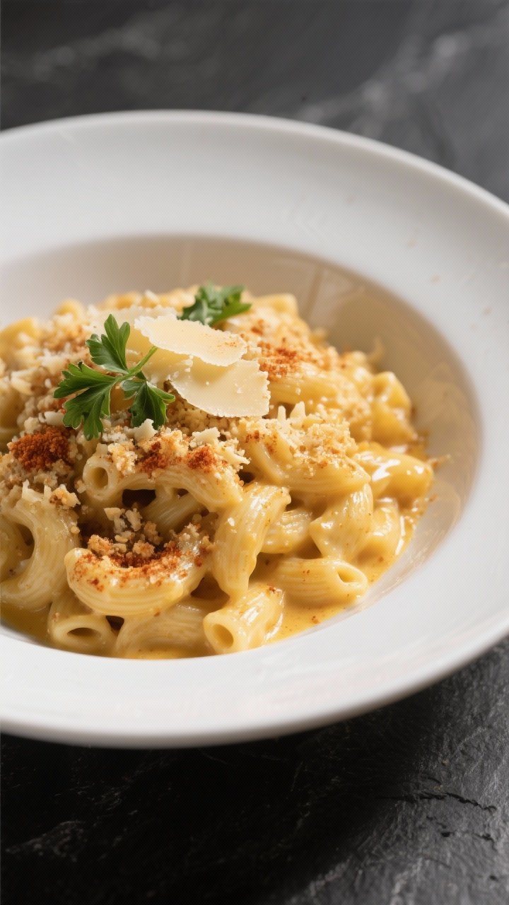 Final plated presentation: Restaurant-quality serving of mac and three cheeses scooped into a shallo