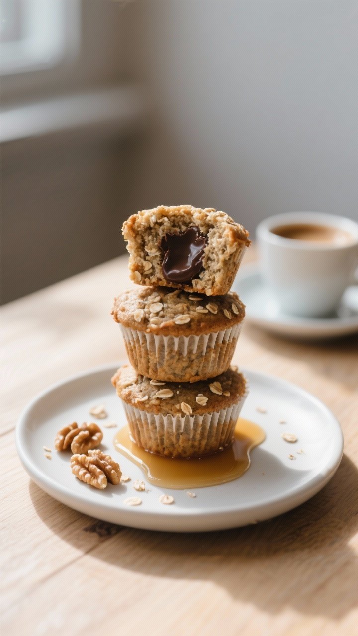 Final plated presentation: Three gluten-free banana oat muffins stacked and offset on a small, matte