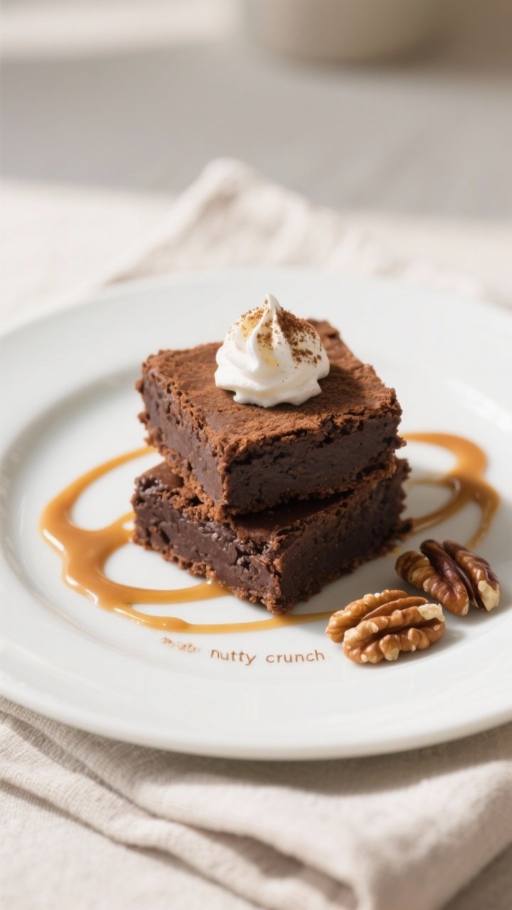 Final plated: Restaurant-quality presentation of two coconut flour brownie squares on a matte white 