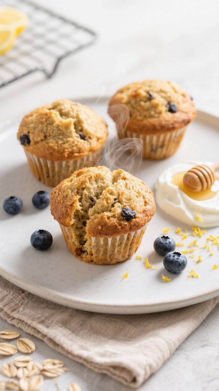 Final presentation: Beautifully plated trio of baked lemon-blueberry wheat bran muffins with tall go