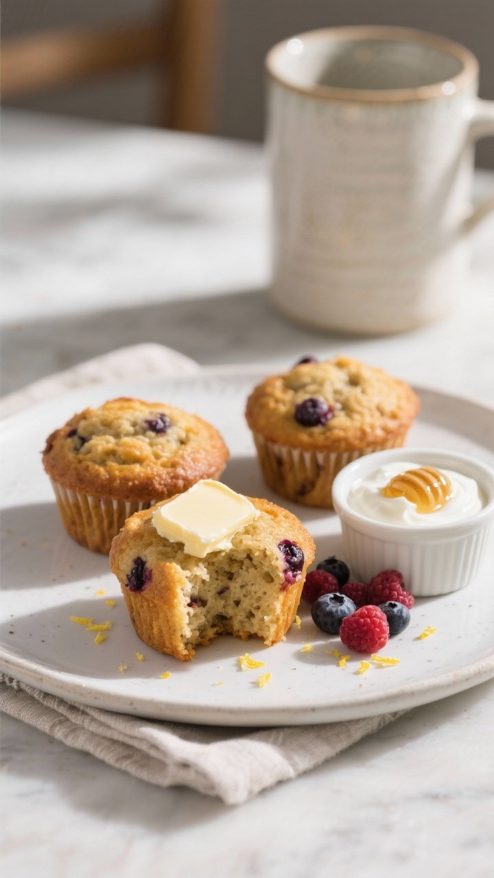 Final presentation plate: three Banana Berry Burst Muffins on a matte white plate with a pat of soft