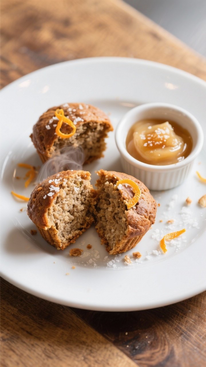 Final presentation: Restaurant-quality breakfast plate featuring two Spiced Banana Bran Muffins halv