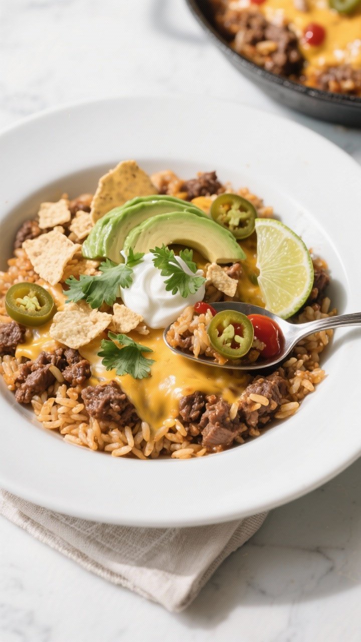 Final presentation: Restaurant-quality plating of a generous spoonful of Ground Beef Burrito Skillet