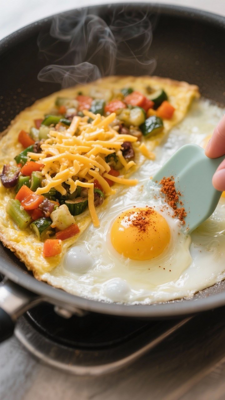 Mid-cook action shot: Fluffy beaten eggs just set in a nonstick pan, with the sautéed veggie mixtur