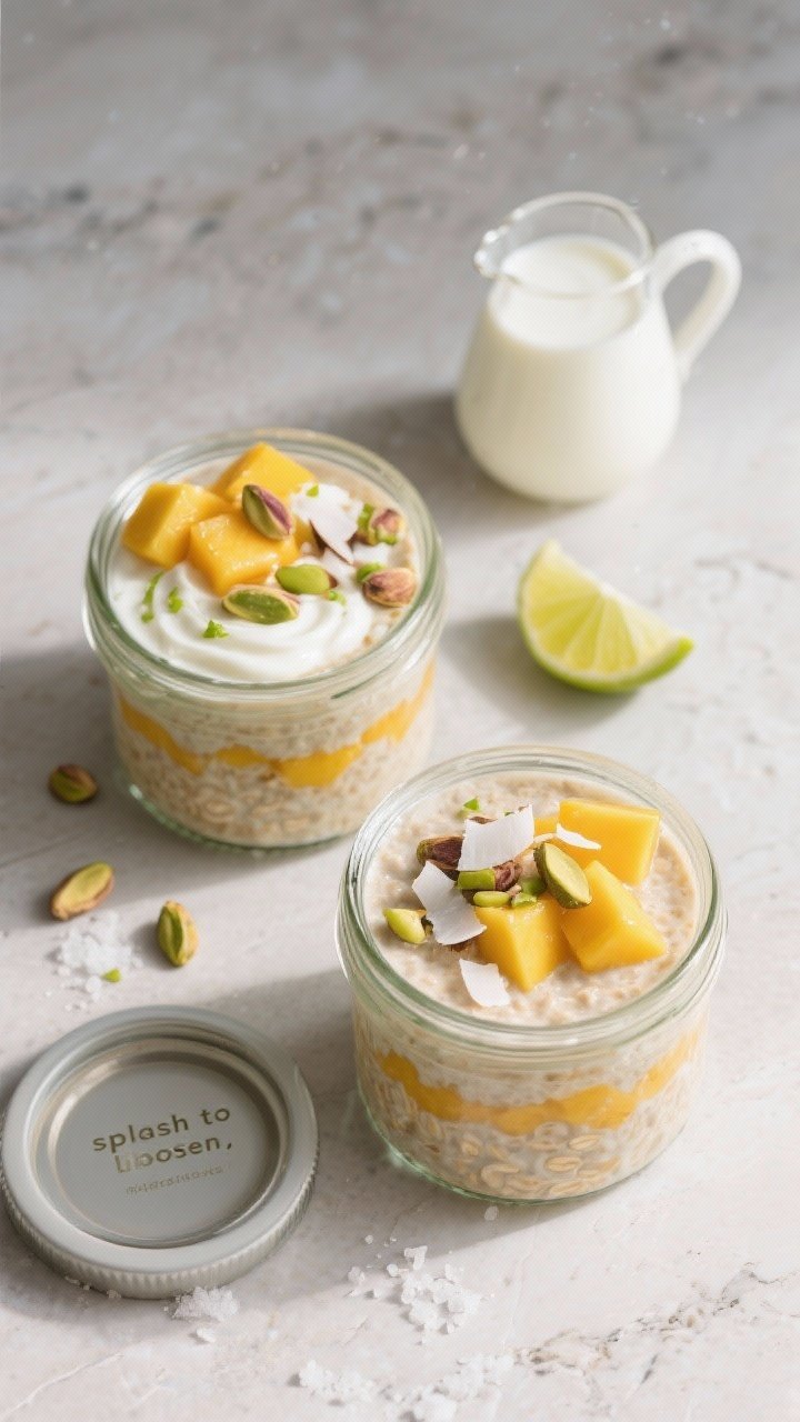 Overhead final presentation: Tasty top-down shot of two breakfast jars of Mango Lassi Overnight Oats