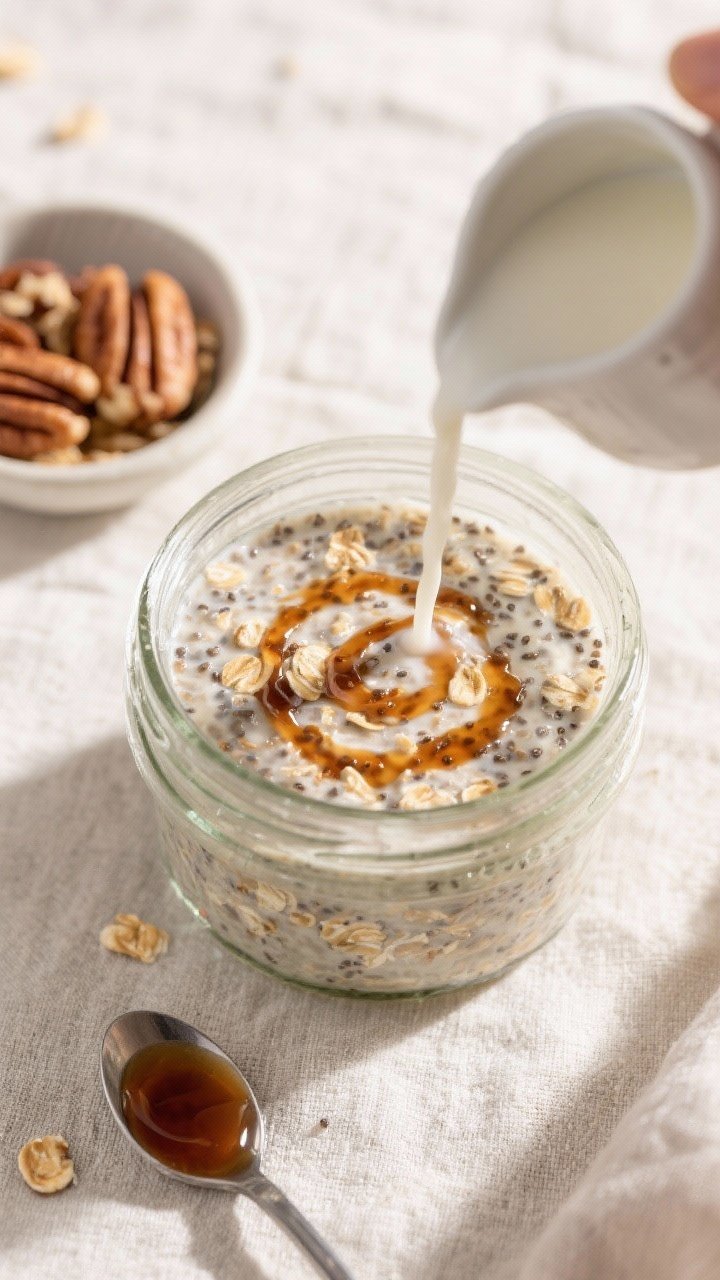 Overhead process shot: The prepared mixture just after overnight chill, in a wide-mouth glass jar on