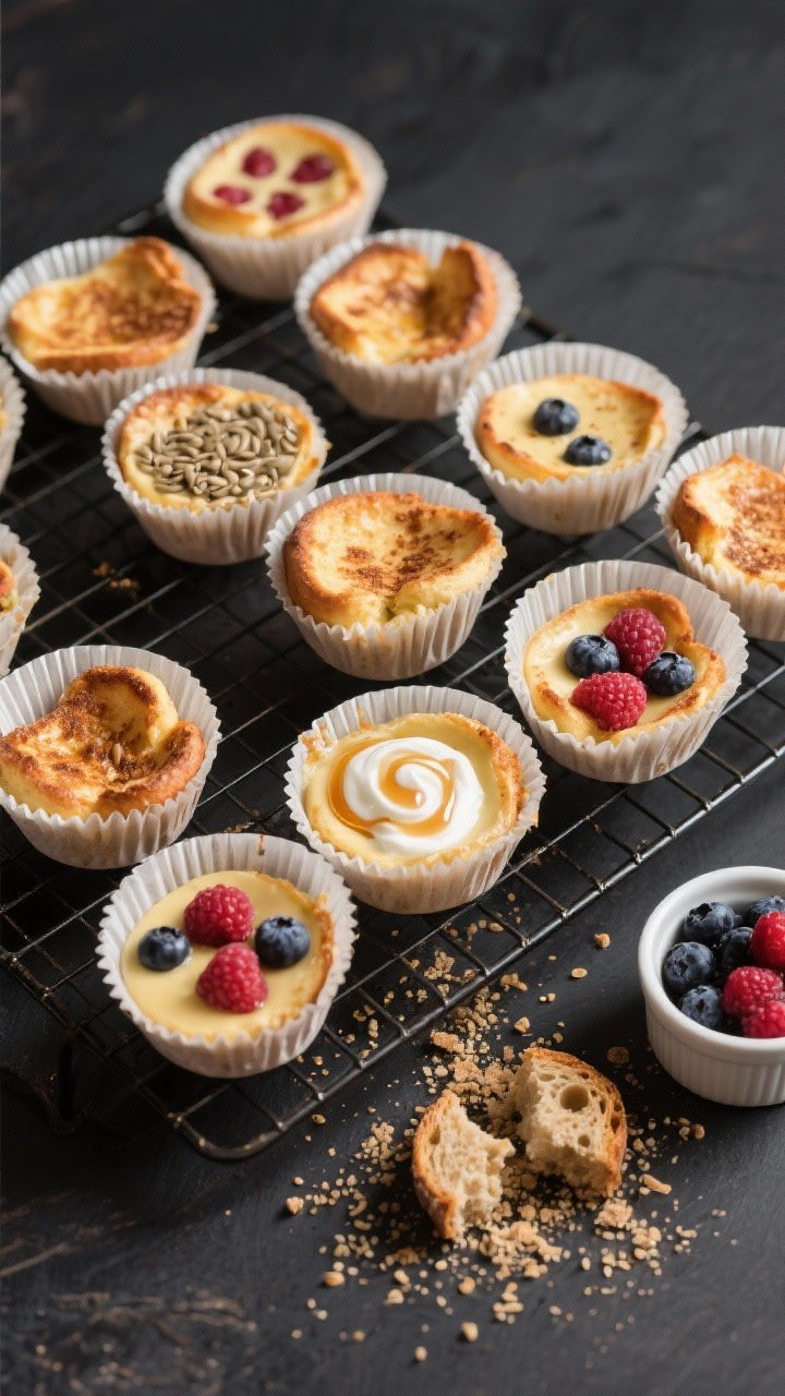 Overhead “tasty top view”: A cooling rack filled with French toast cups in parchment liners, eac